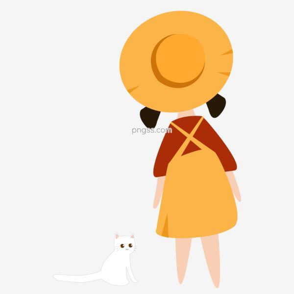 手绘卡通小白猫和戴黄色帽子女孩的背影可商用元素png搜索网 精选免抠素材 透明png图片分享下载 Pngss Com